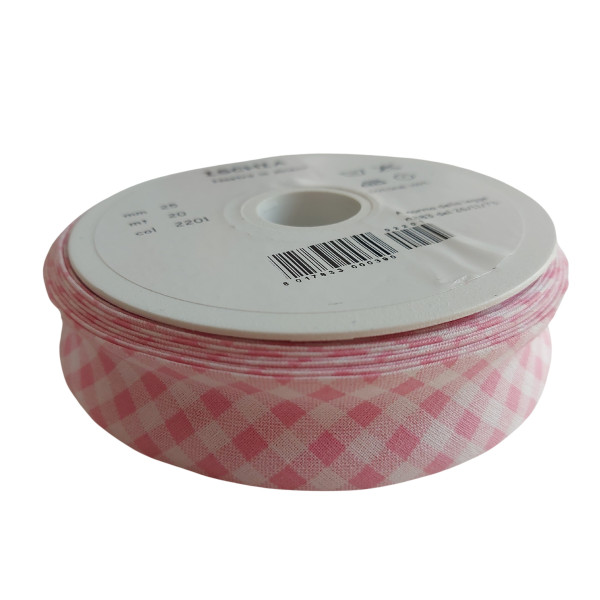 Nastro Sbieco in Cotone - Altezza 25mm - Quadri Rosa e Bianco